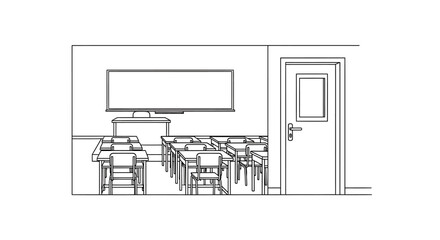 Classroom interior with desks and chairs and a whiteboard.