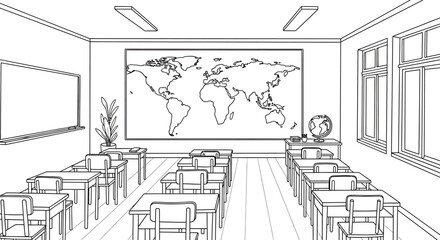 Classroom interior with desks and chairs arranged neatly facing a world map on the wall.