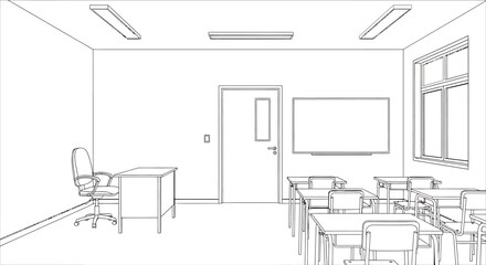 Classroom Interior with Desks and Teachers Chair.