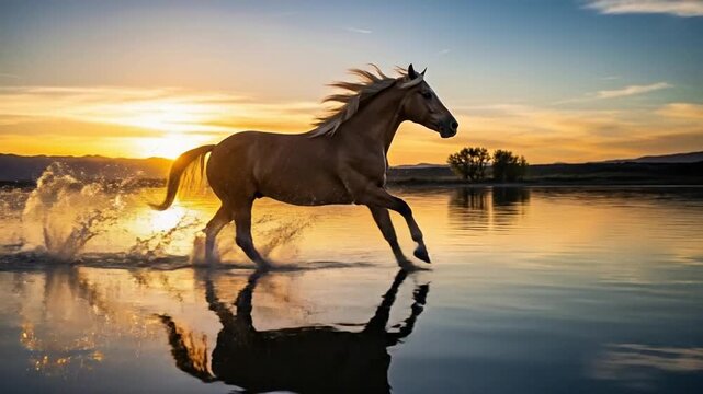 Majestic Palomino Horse Galloping Through Calm Water at Sunrise in Stunning Motion