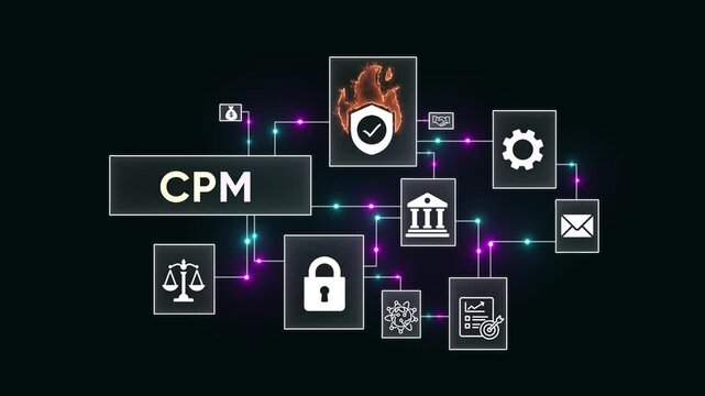 CPM concept diagram with icons for security finance law and goals on dark background Cost Per Mille