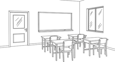 Classroom interior with desks chairs and whiteboard.