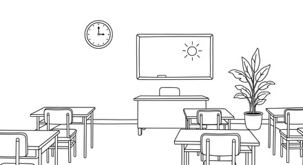 Classroom interior with desks chairs whiteboard and plant drawing.
