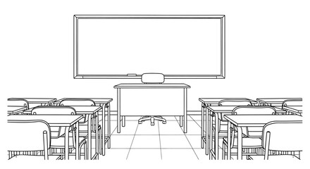 Classroom Interior with Desks, Teachers Table, and Whiteboard Illustration.