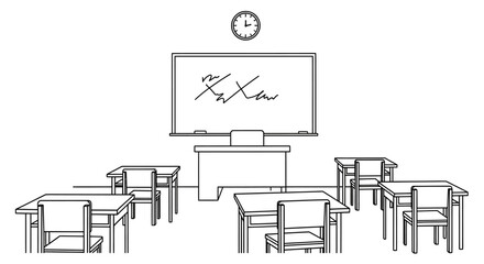 Classroom Interior with Desks, Teachers Table, Blackboard, and Clock.