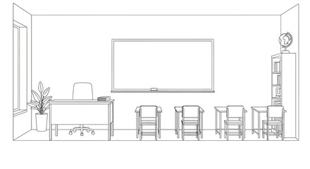 Classroom Interior with Whiteboard and Desks for Education.