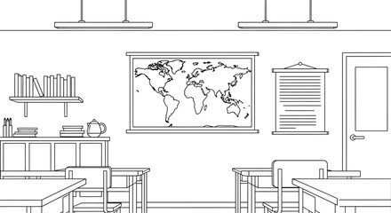 Classroom interior with world map and desks.