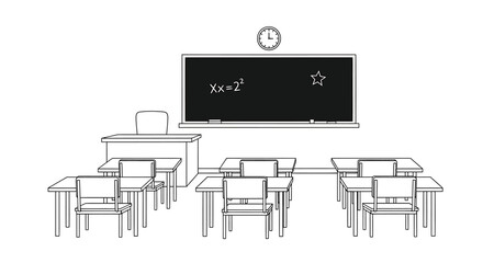 Classroom scene with blackboard and desks for education and learning.