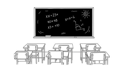 Classroom scene with blackboard and desks.