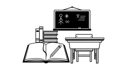 Classroom Scene with Books, Blackboard, and Desk Illustration.
