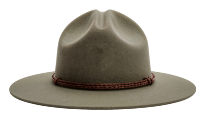 Classic olive green campaign hat with wide brim and braided brown band isolated on the transparent background