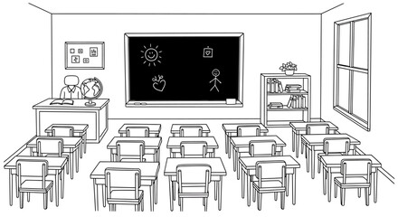 Classroom scene with desks and blackboard drawings.