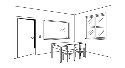 Classroom setting with desk chairs whiteboard and window.
