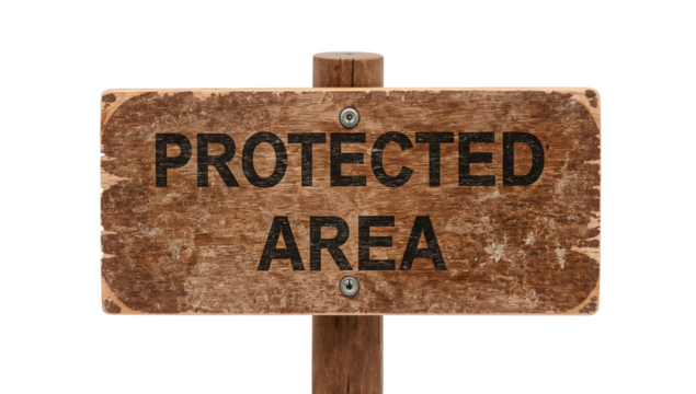 Rustic wooden protected area sign isolated on the transparent background, conservation message, nature reserve symbol, environmental protection notice, weathered outdoor warning