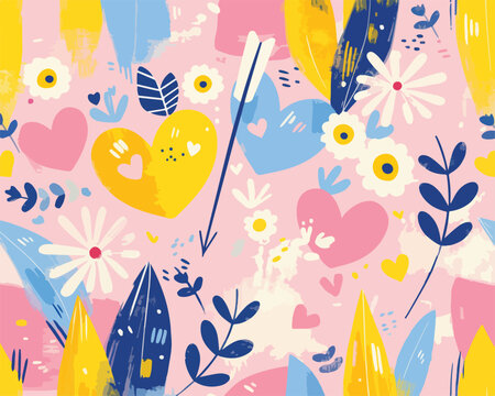 Motif vectoriel joyeux avec c&oelig;urs, fl&egrave;ches, fleurs et feuilles sur fond rose.