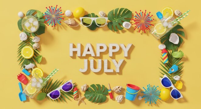 Happy july text surrounded by summer vacation and beach elements