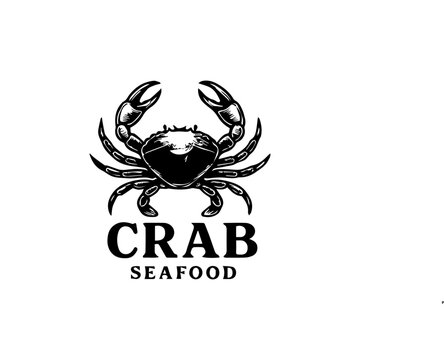 Vintage crab logo design for a seafood restaurant menu. Black and white vector illustration of a marine crustacean emblem for branding