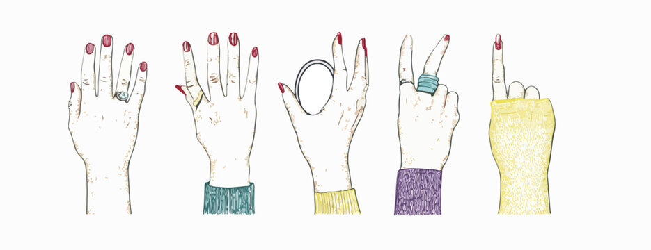 Vecteur de mains f&eacute;minines stylis&eacute;es avec des bagues et des ongles vernis, formant des gestes divers.