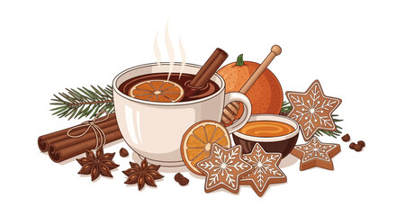 A cozy winter composition with a cup of hot spiced drink, gingerbread cookies, and festive decorations.
