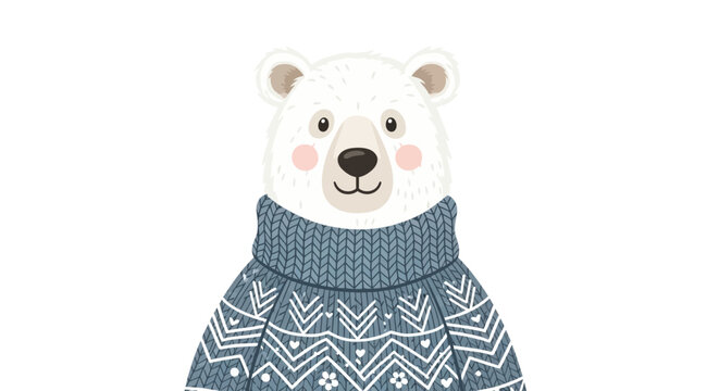 Illustration of a polar bear wearing a blue sweater with a geometric pattern. - Powered by Adobe