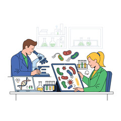 Illustration of scientists working in a lab isolated on, with microscope, laptop, tablet, test tubes, and bacteria, symbolizing scientific research