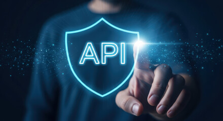 API Security Shield Protection with Touch Interface Digital Technology Cybersecurity Application Programming Interface Data Safety Network Connection System Access