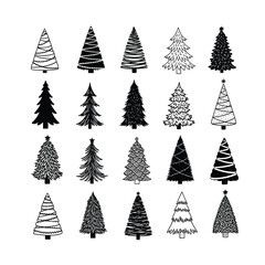 Obraz premium Collection of twenty handdrawn christmas trees with different patterns and styles isolated on, perfect for holidaythemed designs