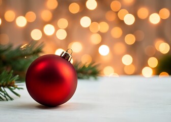 Red christmas ornament lying on a white surface with warm festive bokeh lights in the background, creating a cozy holiday season atmosphere and symbolizing celebration