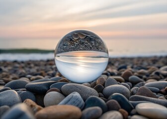 Crystal ball resting on smooth pebbles, capturing a refracted upside down image of the minimalist beach and a soft hued sky blending with the calm sea, conveying peacefulness