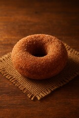 Warm rustic cinnamon-sugar donut on textured burlap with cozy café lighting, wooden tabletop details, and soft autumn-inspired shadows.
