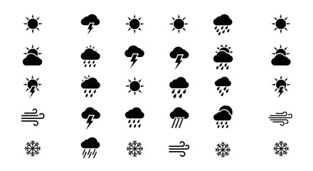 Weather icon set with sun cloud rain and wind minimalist vector glyphs for weather forecast isolated on white background