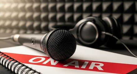 Professional microphone and headphones on an on air sign in a sound studio