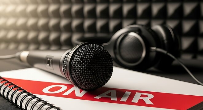 Professional microphone and headphones on an on air sign in a sound studio