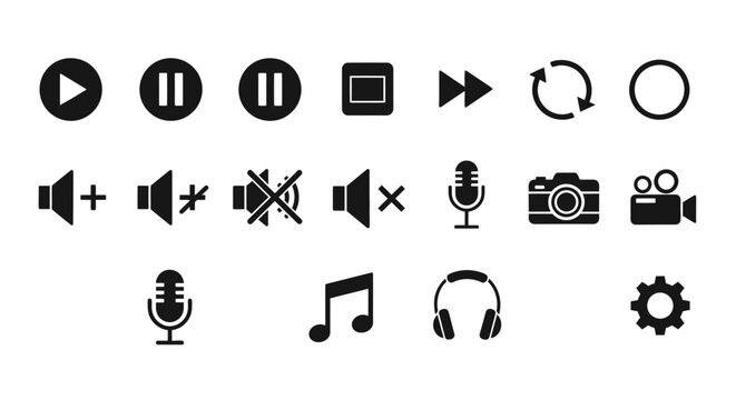 Set of multimedia control icons simple flat vector glyphs for app and web design isolated on white background