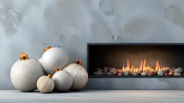 Cozy christmas home scene with decorative bauble and elegant white ornament by modern fireplace creating warm festive holiday