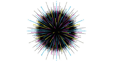 A vibrant abstract explosion of colorful CMYK lines radiates outwards from a dark central core, symbolizing energy, data, and dynamic motion.