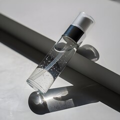 Elegant bottle of hand sanitizer with modern design and clear liquid for hygiene promotion campaign