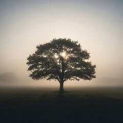 A solitary tree stands in a foggy landscape with the sun shining through its branches, creating a serene and peaceful atmosphere during early morning