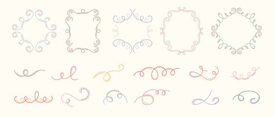 A collection of colorful decorative elements and frames, hand-drawn in the form of swirls. Doodle-style embellishments for invitations and albums. Artistic certificate frame.
