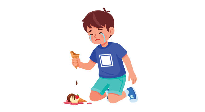 A sad little boy crying with tears because his ice cream fell on the ground and melted, leaving him heartbroken.