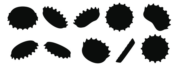 Glassware bottle caps. Metallic beer, soda or lemonade bottle caps, metallic lid for glass containers with refreshing beverages flat vector illustration set. Cartoon metal caps