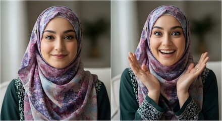 A portrait of a young woman wearing a colorful hijab and a patterned top, smiling warmly with a friendly and approachable expression in an indoor setting