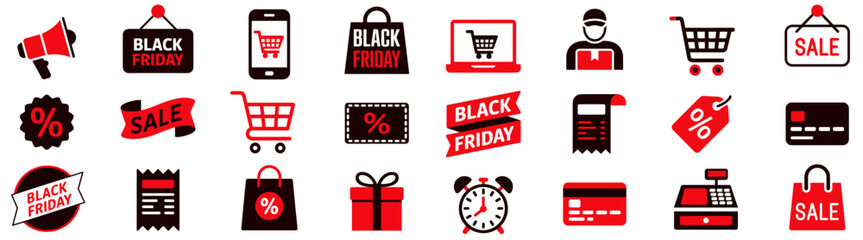 Black Friday shopping icons set featuring sale tags, shopping carts, gift boxes, credit cards, and promotional symbols