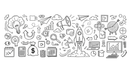 Obraz premium A collection of handdrawn business and marketing doodles, featuring icons like lightbulbs, arrows, charts, money bags, and rockets, isolated on