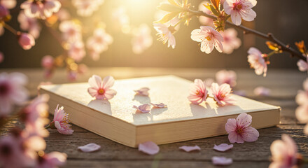Open book decorated with cherry blossoms under warm sunlight  