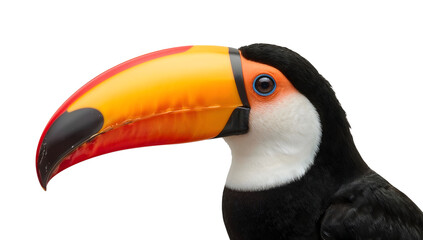 Naklejka premium Closeup of toco toucan with vibrant orange beak on the transparent background highlighting details and colors