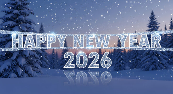 Happy new year 2026 glittering text winter forest landscape background