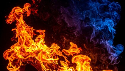 Fiery Contrast - A Dance of Orange Flames and Blue Smoke.