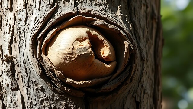 custodianship. Close-up of tree trunk with abnormal swelling and torn bark, textured botanical imperfection. gardening catalogs, home-decor guides, designed for gardening and botanical catalogs.
