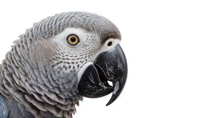Fototapeta premium African grey parrot closeup on the transparent background showing detailed feathers, intelligent eyes, and black beak in high resolution